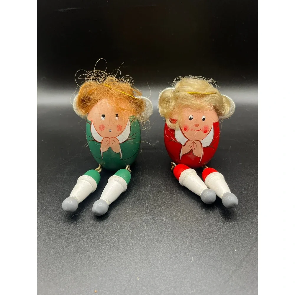 Vintage Wood Angel Ornament Set‎ of 2 Figurines Red Green Articulating Legs